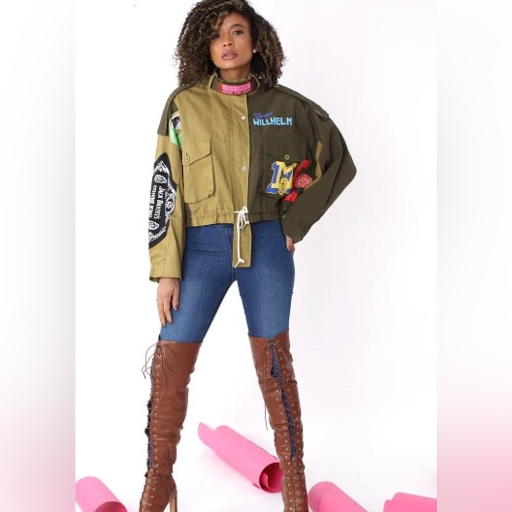 Patchwork Olive Green Military-Inspired Cropped Jacket